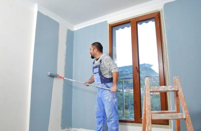 Pintor aplicando pintura plástica azul grisácea con rodillo de mango largo en el salón de una vivienda en Vigo