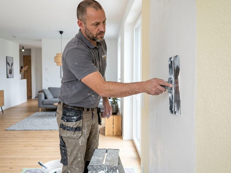 Pintor alisando con espátula la pared de un piso tras retirar el gotelé