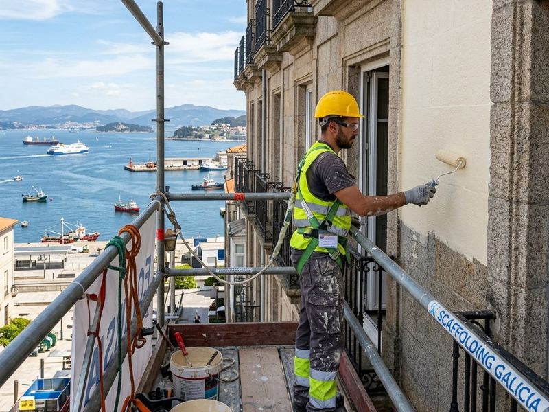 Pintor sobre andamio pintando la fachada de un edificio con vistas a la ría de Vigo